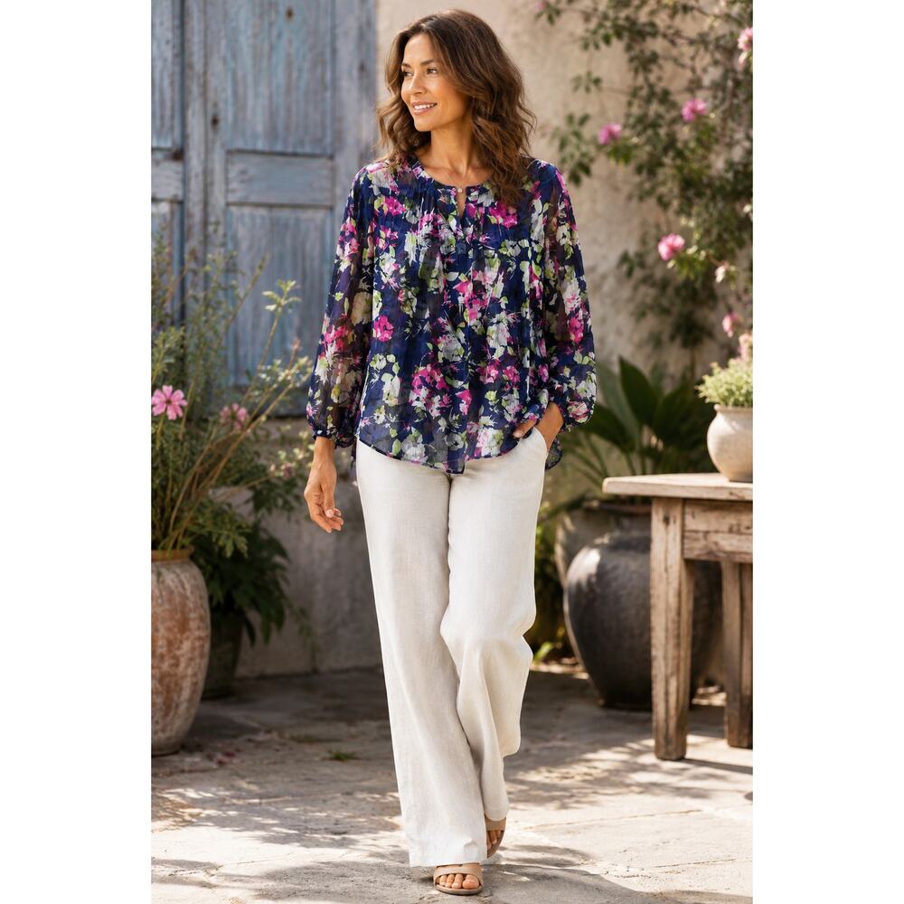 Liz Claiborne Semi Sheer Crinkle Gauze Floral Boho Peasant Blouse Petite Large